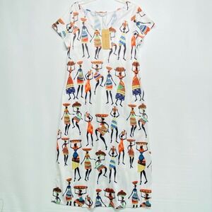 Tendency Women African Print V Neck Midi Dress White M EU 40 F 8